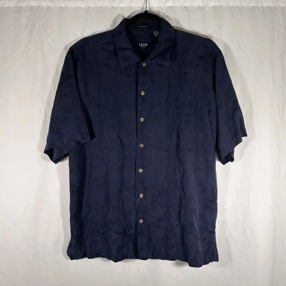 IZOD Golf Shirt Mens Medium Black Floral Silk Linen Blend Button Up - Picture 1 of 9